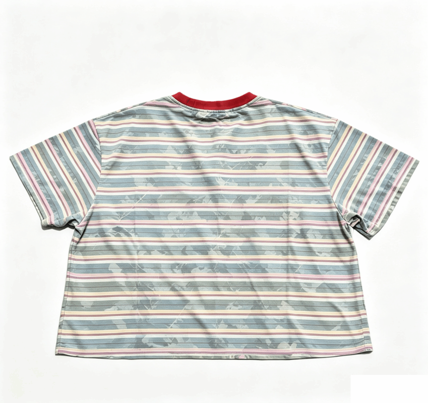 100% cotton 230gsm camo stripe boxy cropped t‑shirt contrast red rib collar